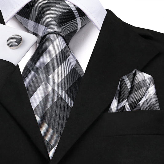 Black, Gray and White Plaid XL Tie, Pocket Square and Cufflinks tie sets    - Sophisticated Gentlemen