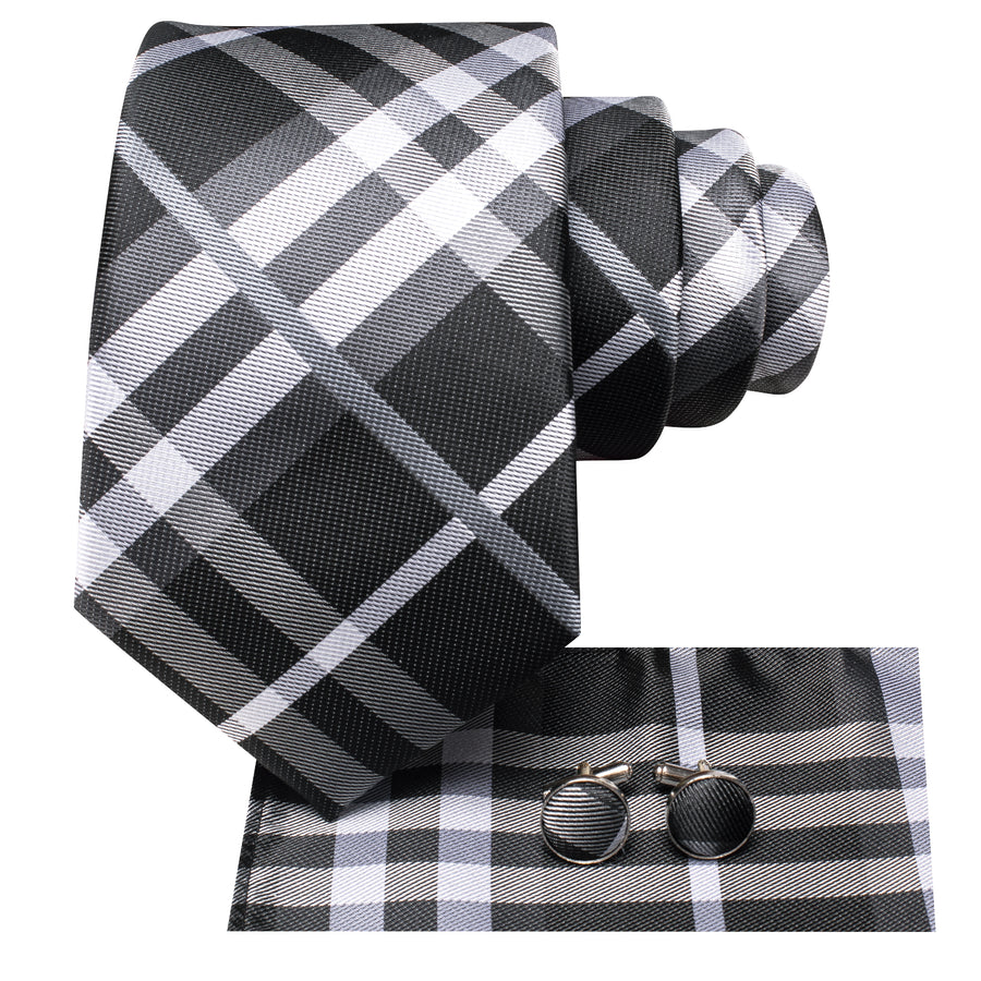 Black, Gray and White Plaid XL Tie, Pocket Square and Cufflinks tie sets    - Sophisticated Gentlemen