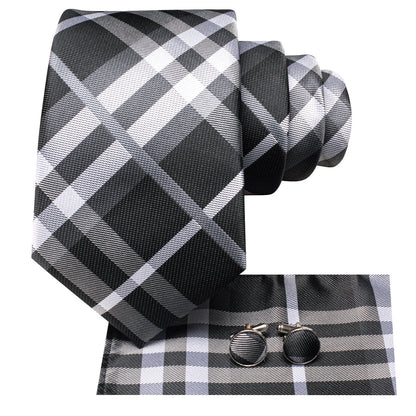 Black, Gray and White Plaid XL Tie, Pocket Square and Cufflinks tie sets    - Sophisticated Gentlemen