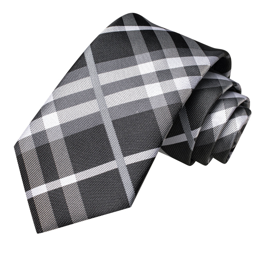 Black, Gray and White Plaid XL Tie, Pocket Square and Cufflinks tie sets    - Sophisticated Gentlemen