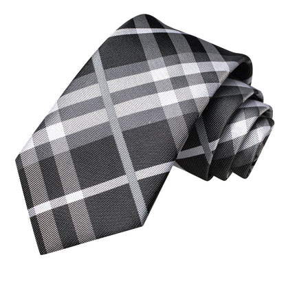 Black, Gray and White Plaid XL Tie, Pocket Square and Cufflinks tie sets    - Sophisticated Gentlemen