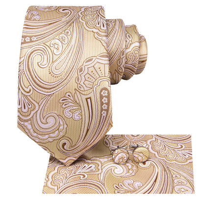 Cream White and Brown Floral XL Tie, Pocket Square and Cufflinks tie sets    - Sophisticated Gentlemen
