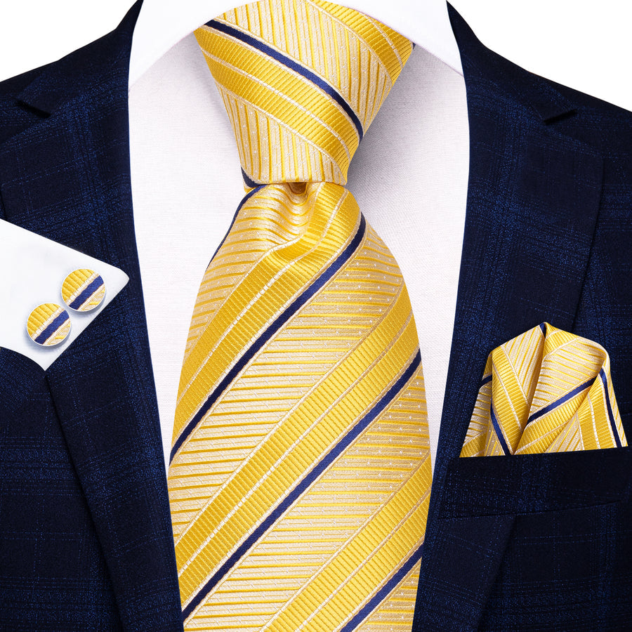 Golden Yellow and Blue Striped XL Tie, Pocket Square and Cufflinks tie sets    - Sophisticated Gentlemen