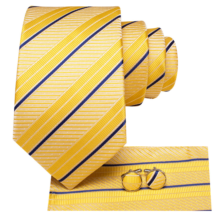 Golden Yellow and Blue Striped XL Tie, Pocket Square and Cufflinks tie sets    - Sophisticated Gentlemen