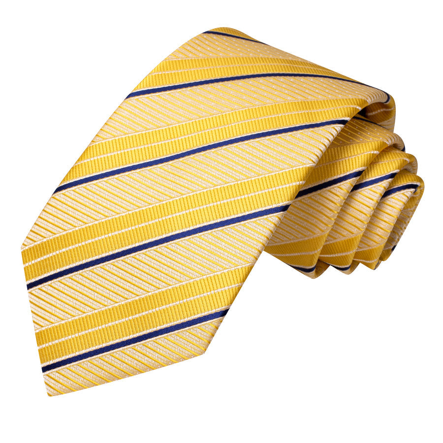 Golden Yellow and Blue Striped XL Tie, Pocket Square and Cufflinks tie sets    - Sophisticated Gentlemen