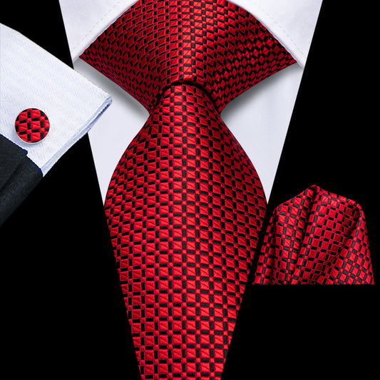 Red and Black Plaid XL Tie, Pocket Square and Cufflinks tie sets    - Sophisticated Gentlemen