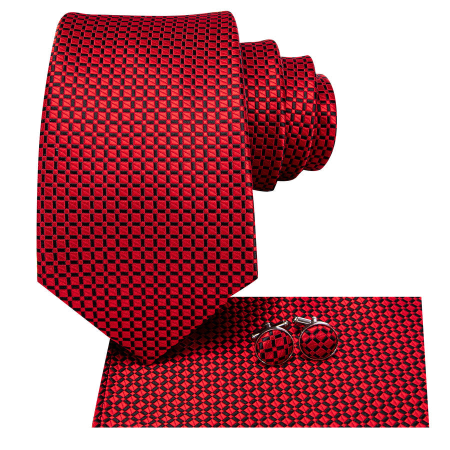 Red and Black Plaid XL Tie, Pocket Square and Cufflinks tie sets    - Sophisticated Gentlemen