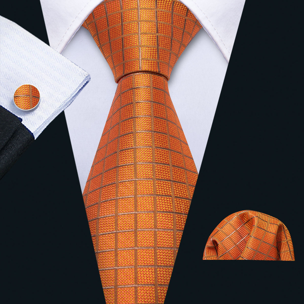 Orange Plaid Silk Tie, Pocket Square and Cufflinks Set tie sets    - Sophisticated Gentlemen