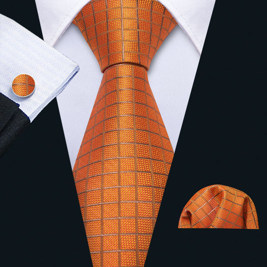 Orange Plaid Silk Tie, Pocket Square and Cufflinks Set tie sets    - Sophisticated Gentlemen