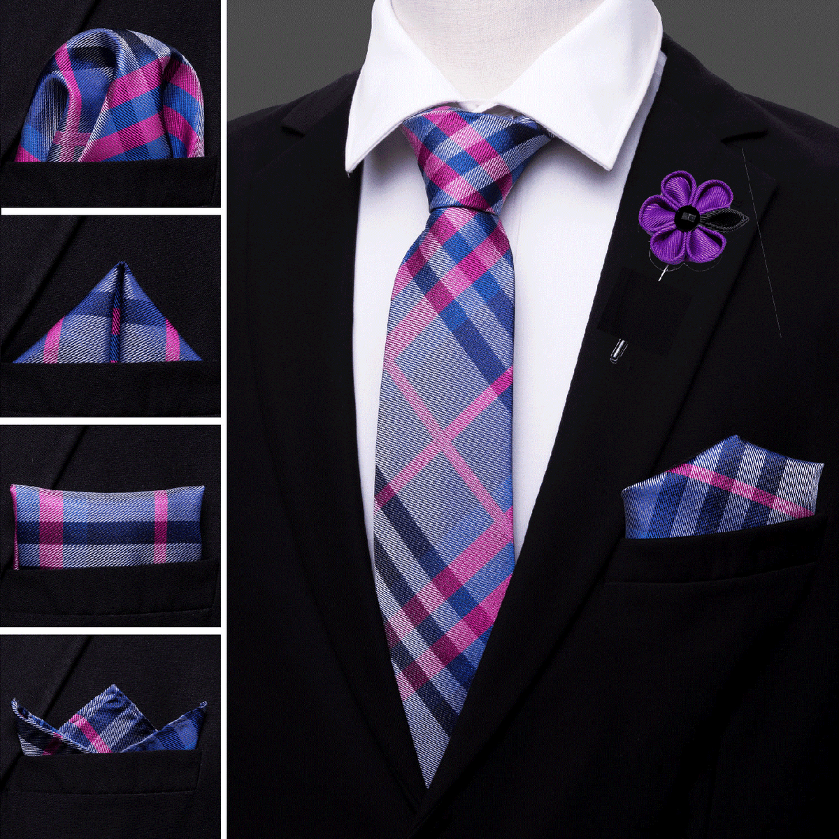 Red Blue Stripe Tie, Pocket Square and Cufflinks Set tie sets    - Sophisticated Gentlemen