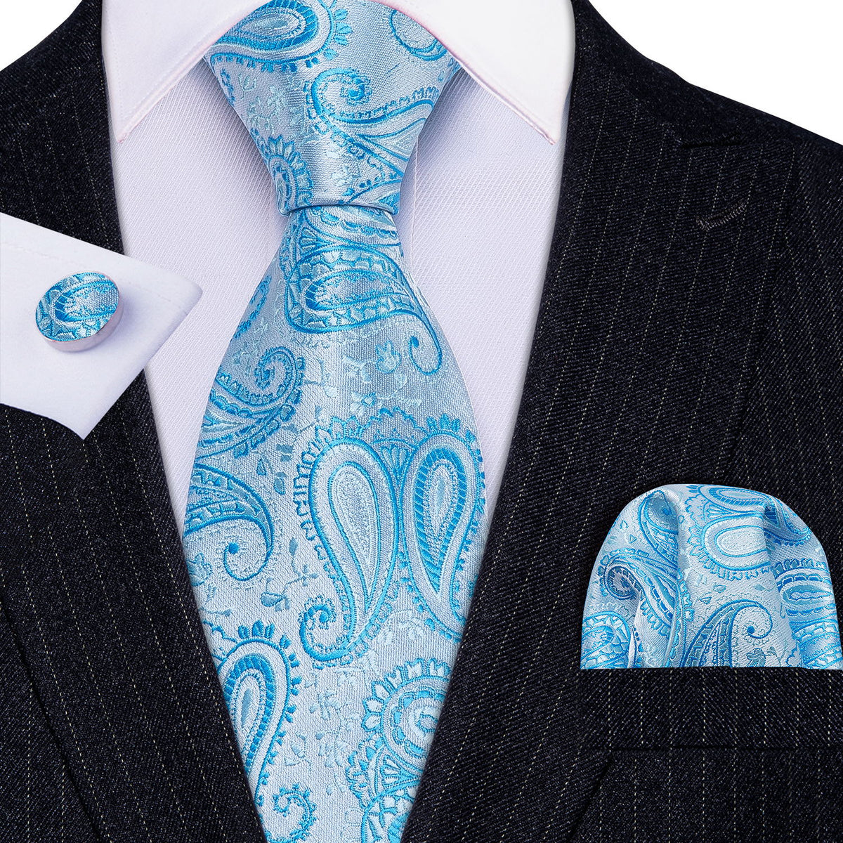 Light Blue Silk Tie, Pocket Square and Cufflinks Set tie sets    - Sophisticated Gentlemen