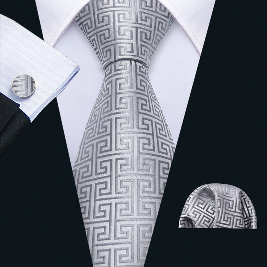 Silver Plaid Silk Tie, Pocket Square and Cufflinks Set tie sets    - Sophisticated Gentlemen