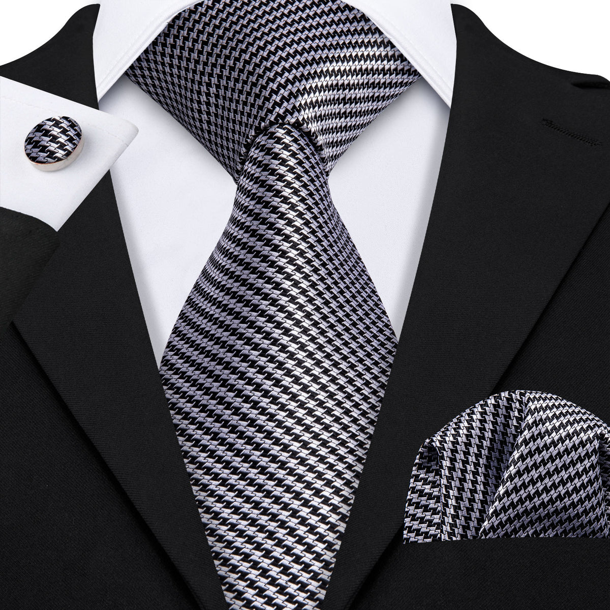 Classic Houndstooth Silk Tie, Pocket Square and Cufflinks Set tie sets    - Sophisticated Gentlemen