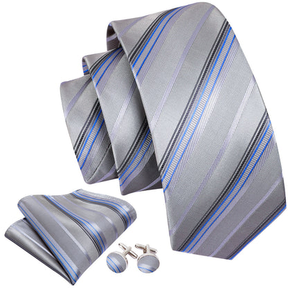 Light Gray Silver Stripe Fabric Tie, Pocket Square and Cufflinks Set tie sets    - Sophisticated Gentlemen