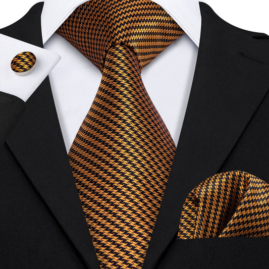 Golden Houndstooth Silk Tie, Pocket Square and Cufflinks Set tie sets    - Sophisticated Gentlemen
