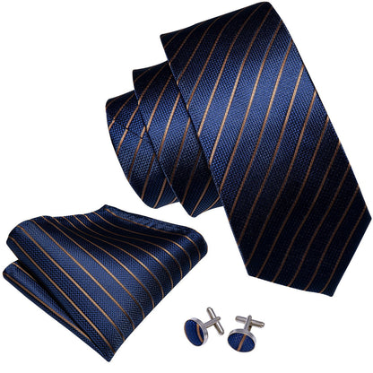 Deep Blue Gold Striped Silk Tie, Pocket Square and Cufflinks Set tie sets    - Sophisticated Gentlemen