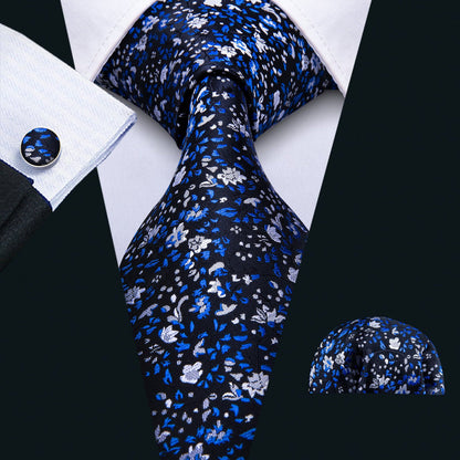 Navy Blue Floral Silk Tie, Pocket Square and Cufflinks Set tie sets    - Sophisticated Gentlemen