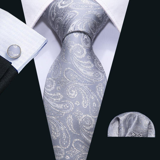 Silver Gray Paisley Silk Tie, Pocket Square and Cufflinks Set tie sets    - Sophisticated Gentlemen