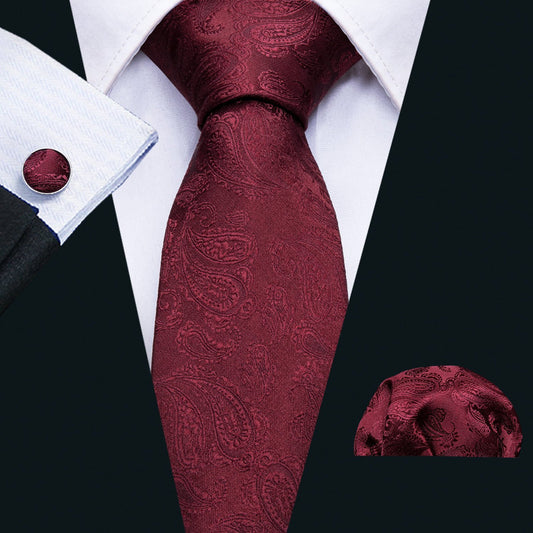 Burgundy Paisley Silk Tie, Pocket Square and Cufflinks Set tie sets    - Sophisticated Gentlemen