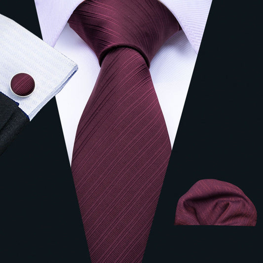 Dark Red Narrow Striped Silk Tie, Pocket Square and Cufflinks Set tie sets    - Sophisticated Gentlemen