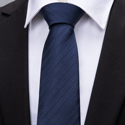 Navy Blue Striped Silk Tie, Pocket Square and Cufflinks Set tie sets    - Sophisticated Gentlemen
