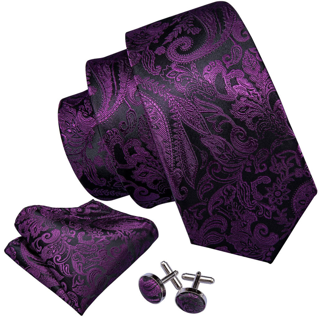 Black Purple Paisley Tie, Pocket Square and Cufflinks Set tie sets    - Sophisticated Gentlemen