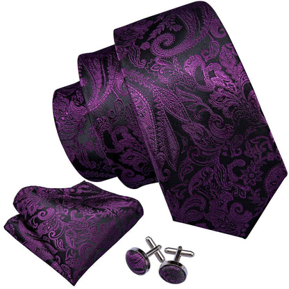 Black Purple Paisley Tie, Pocket Square and Cufflinks Set tie sets    - Sophisticated Gentlemen