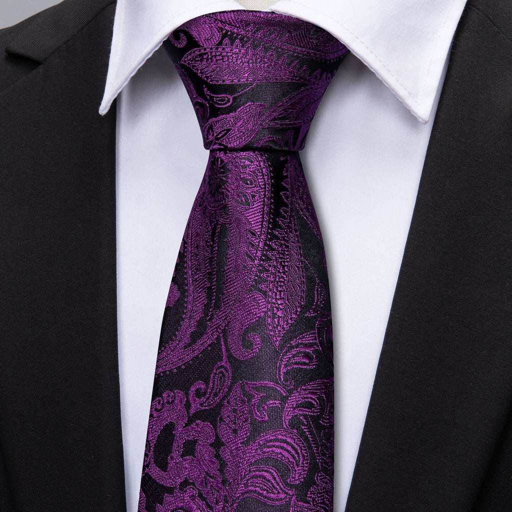 Black Purple Paisley Tie, Pocket Square and Cufflinks Set tie sets    - Sophisticated Gentlemen