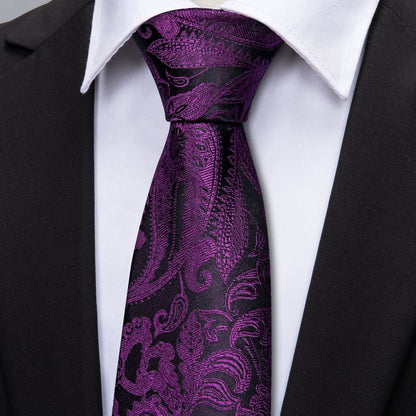 Black Purple Paisley Tie, Pocket Square and Cufflinks Set tie sets    - Sophisticated Gentlemen