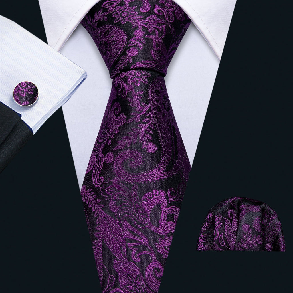 Black Purple Paisley Tie, Pocket Square and Cufflinks Set tie sets    - Sophisticated Gentlemen