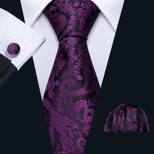 Black Purple Paisley Tie, Pocket Square and Cufflinks Set tie sets    - Sophisticated Gentlemen