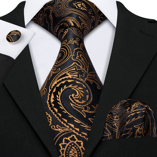Black Golden Paisley Tie, Pocket Square and Cufflinks Set tie sets    - Sophisticated Gentlemen