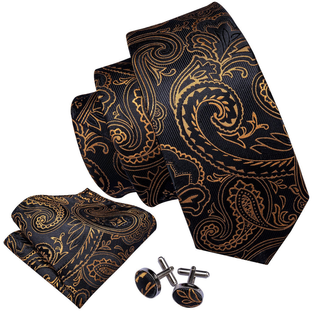 Black Golden Paisley Tie, Pocket Square and Cufflinks Set tie sets    - Sophisticated Gentlemen