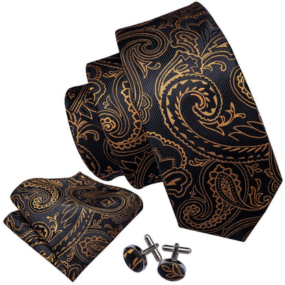 Black Golden Paisley Tie, Pocket Square and Cufflinks Set tie sets    - Sophisticated Gentlemen