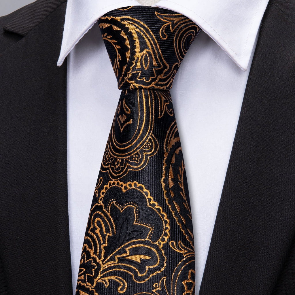 Black Golden Paisley Tie, Pocket Square and Cufflinks Set tie sets    - Sophisticated Gentlemen