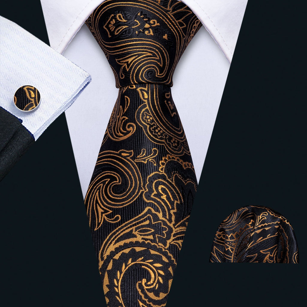 Black Golden Paisley Tie, Pocket Square and Cufflinks Set tie sets    - Sophisticated Gentlemen