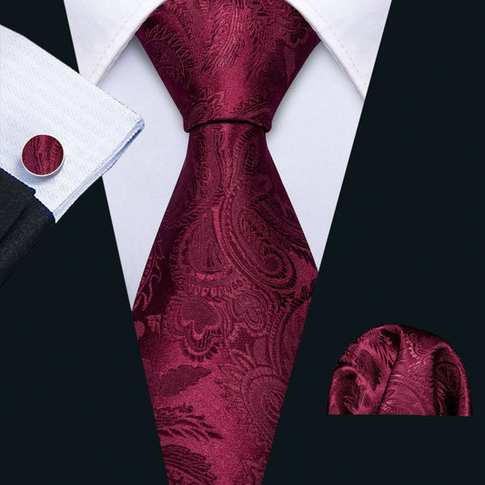Burgundy Red Paisley Tie, Pocket Square and Cufflinks Set tie sets    - Sophisticated Gentlemen