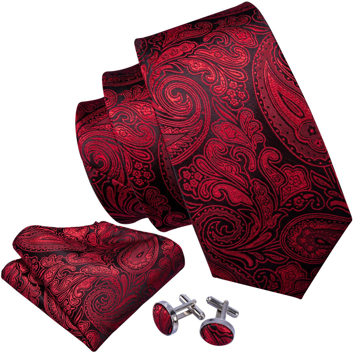 Black Red Paisley Silk Tie, Pocket Square and Cufflinks Set tie sets    - Sophisticated Gentlemen