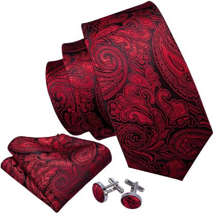 Black Red Paisley Silk Tie, Pocket Square and Cufflinks Set tie sets    - Sophisticated Gentlemen