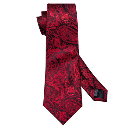 Black Red Paisley Silk Tie, Pocket Square and Cufflinks Set tie sets    - Sophisticated Gentlemen