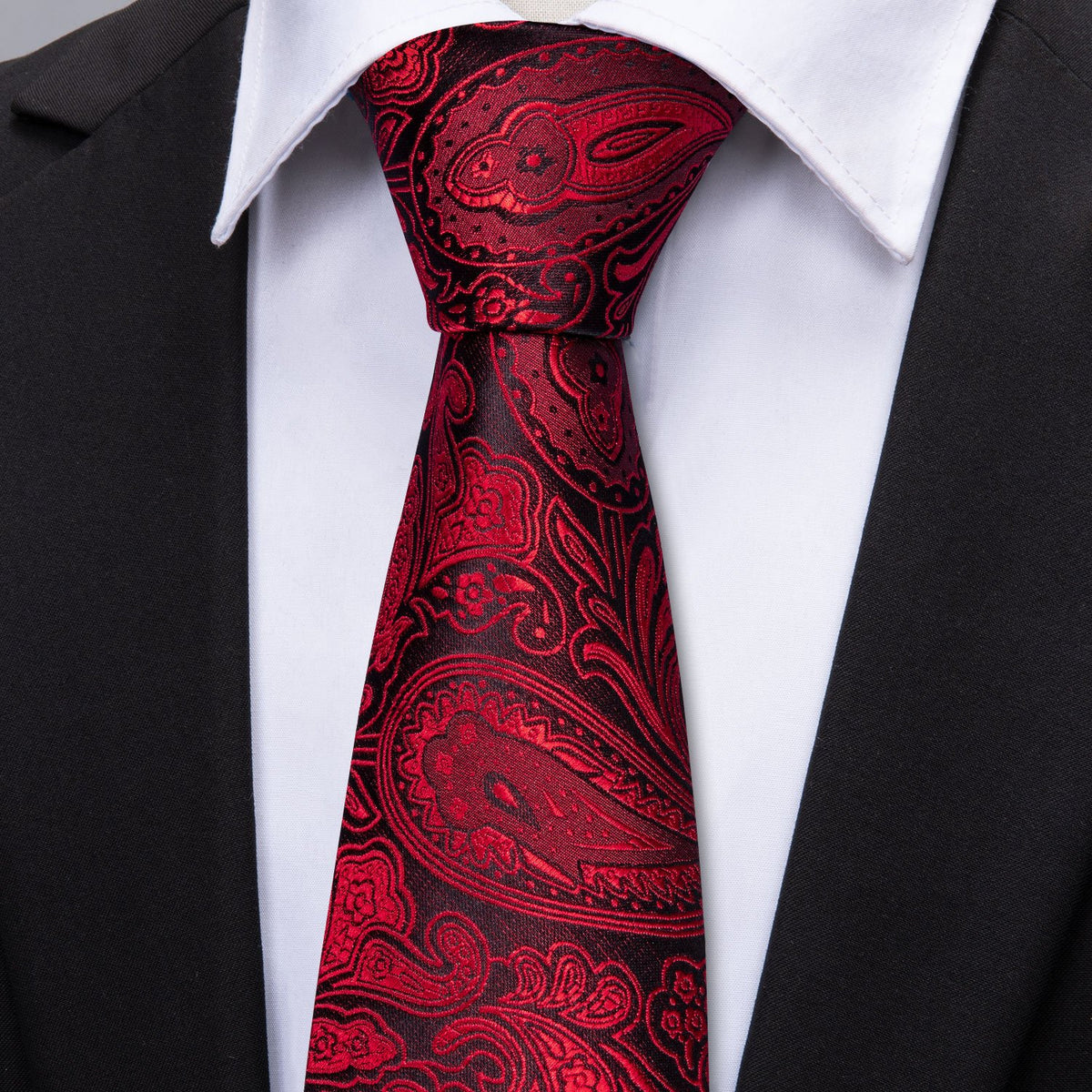 Black Red Paisley Silk Tie, Pocket Square and Cufflinks Set tie sets    - Sophisticated Gentlemen