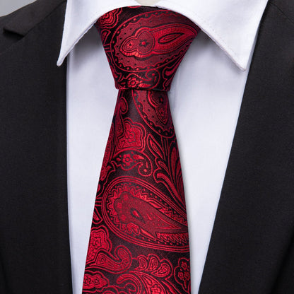 Black Red Paisley Silk Tie, Pocket Square and Cufflinks Set tie sets    - Sophisticated Gentlemen