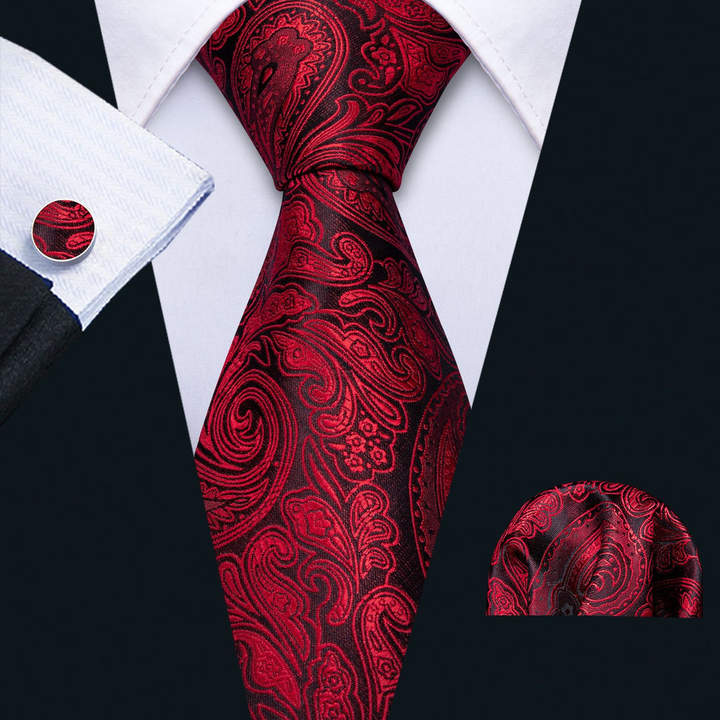 Black Red Paisley Silk Tie, Pocket Square and Cufflinks Set tie sets    - Sophisticated Gentlemen
