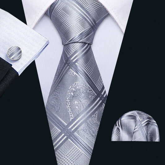 Silver Gray Plaid Tie, Pocket Square and Cufflinks Set tie sets    - Sophisticated Gentlemen