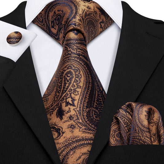 Brown Black Paisley Tie, Pocket Square and Cufflinks Set tie sets    - Sophisticated Gentlemen