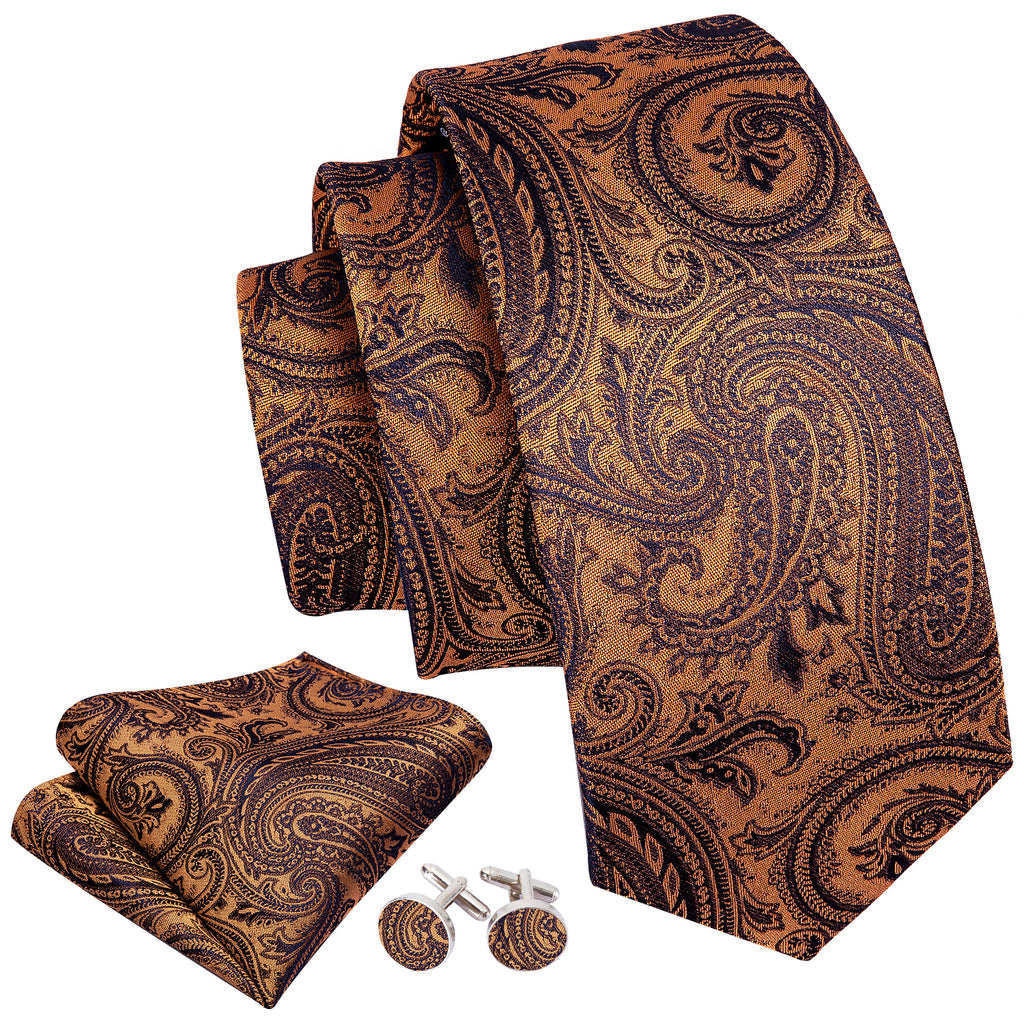 Brown Black Paisley Tie, Pocket Square and Cufflinks Set tie sets    - Sophisticated Gentlemen