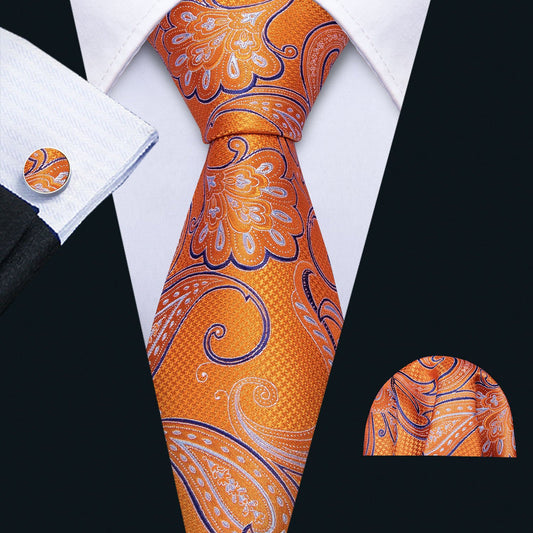 Orange Blue Paisley Tie, Pocket Square and Cufflinks Set tie sets    - Sophisticated Gentlemen