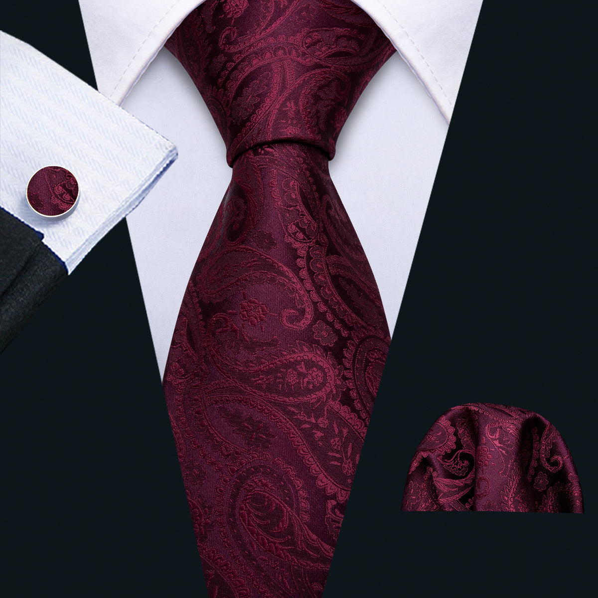 Wine Paisley Tie, Pocket Square and Cufflinks Set tie sets    - Sophisticated Gentlemen