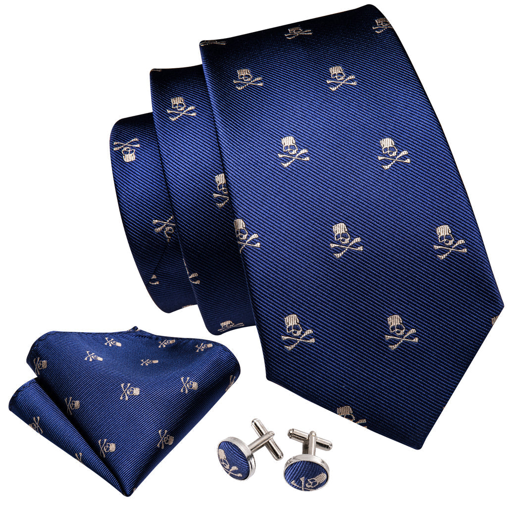 Navy Blue Novelty Skull Tie, Pocket Square and Cufflinks Set tie sets    - Sophisticated Gentlemen
