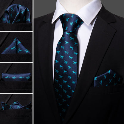 Blue Horse Novelty Tie, Pocket Square and Cufflinks Set tie sets    - Sophisticated Gentlemen